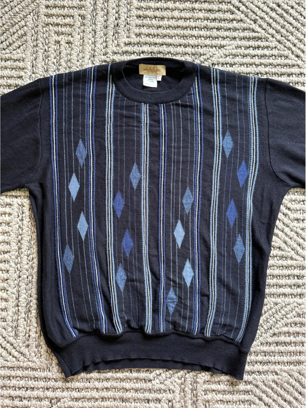 Montechiaro Italy Sweater Mens L Vintage Blue Gray Striped V Neck Cotton/Acrylic